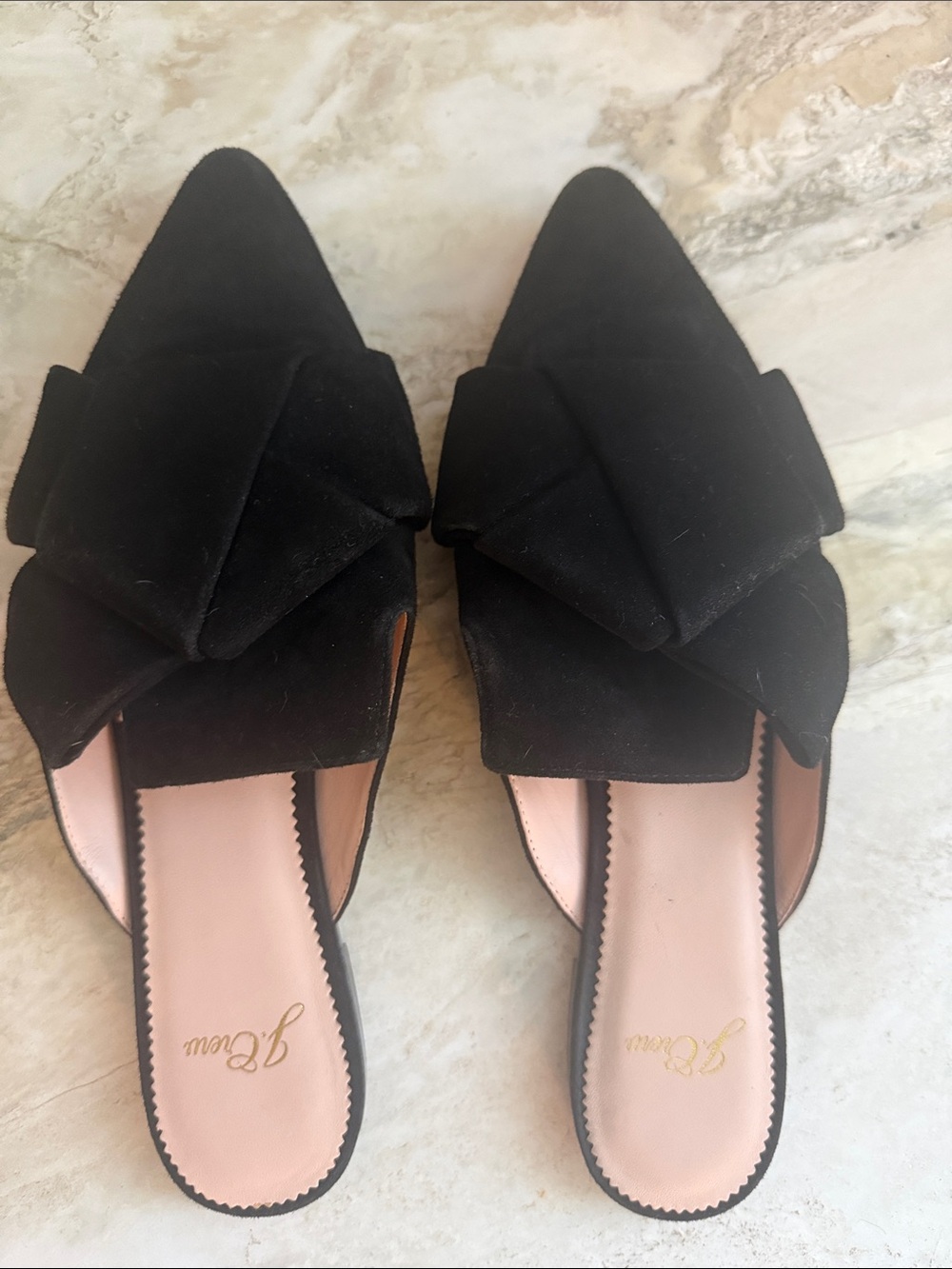 J. Crew Black Suede Pointed Slide Mules with Bow